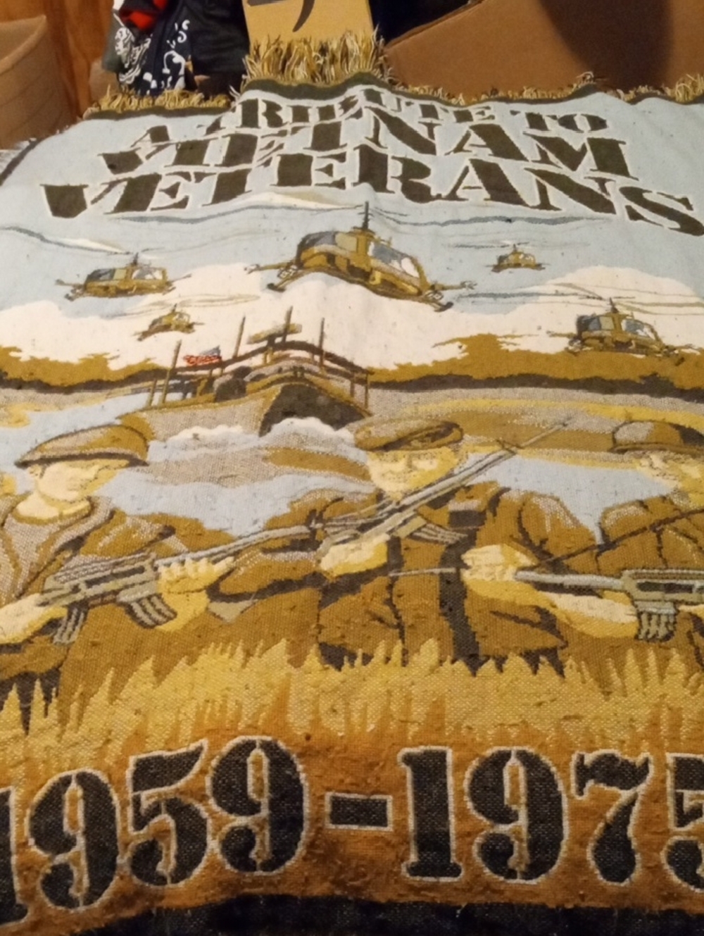 Source Unknown Vietnam Veterans Woven Throw Blanket in Tan & Blue